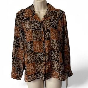 Vintage 90s Elementz Block Print Earth Tones Blouse, Women's‎ Size S